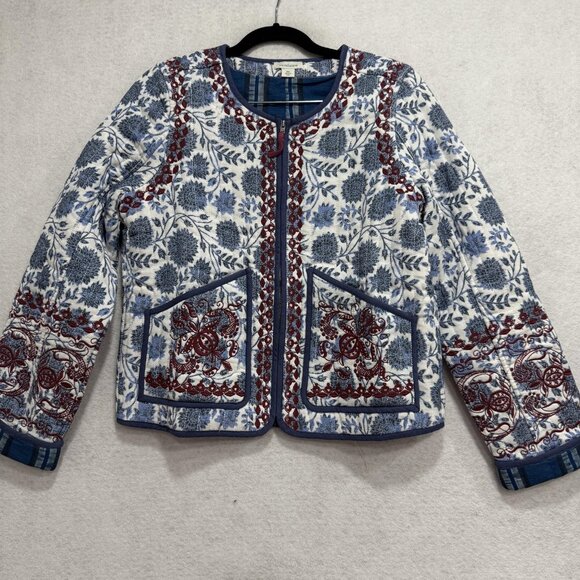 Sundance Jacket Womens XS Blue White Quilted Embroidered Floral Zip Cotton Boho - Picture 1 of 8